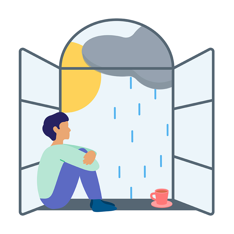 A person sits on a windowsill, looking out to the sky where there is a sun (left) and a dark cloud with rain coming down (right)