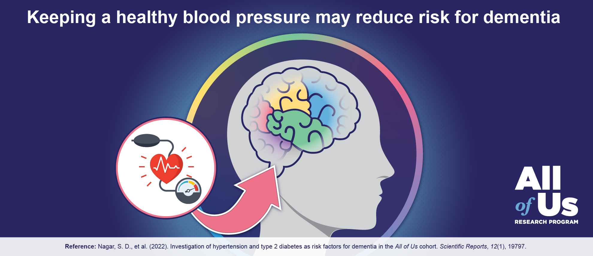 Keeping a healthy blood pressure may reduce risk for dementia. A cutaway illustration of a human head showing the brain. Several areas of the brain are highlighted. An inset illustration shows a blood pressure cuff and a heart with an electrocardiogram graph line running through it. The inset illustration has an arrow pointing to the brain. Logo of the All of Us Research Program. 