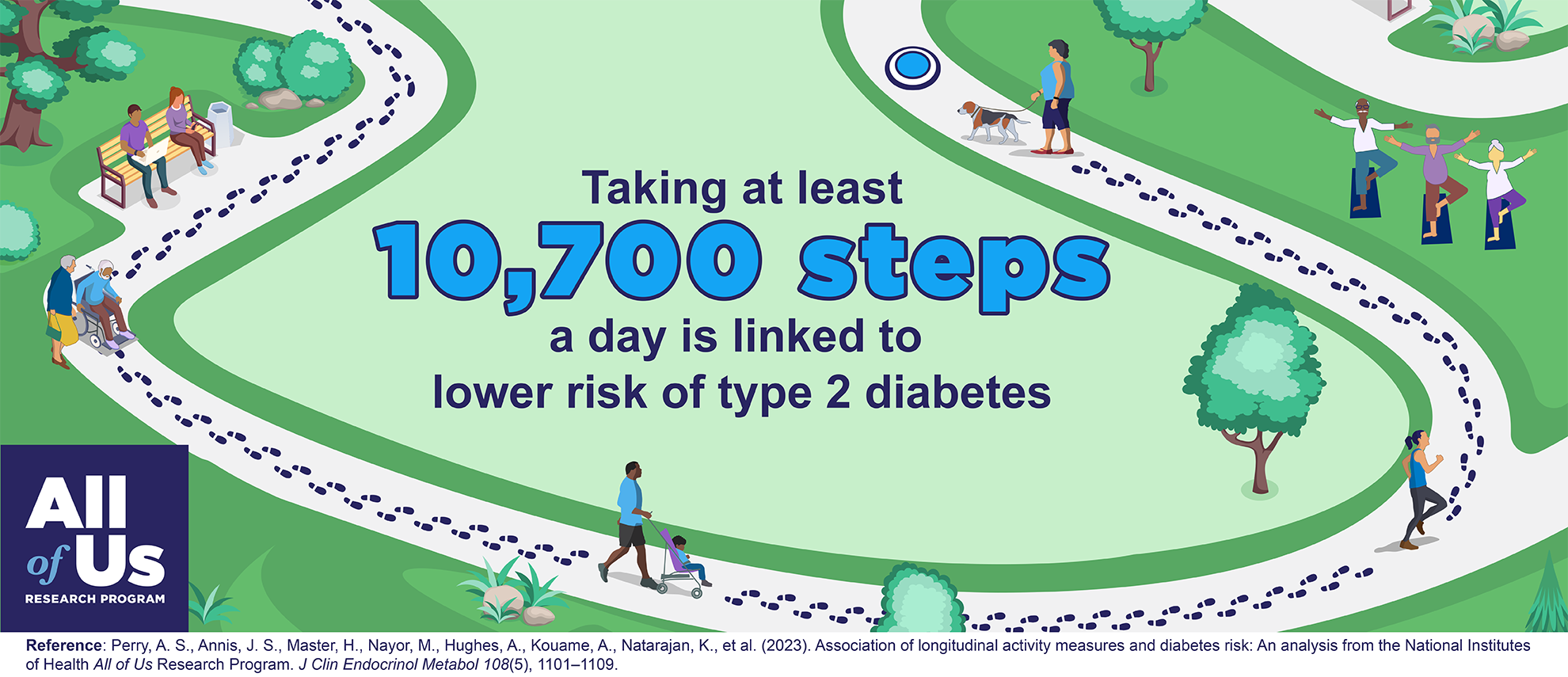 An illustration showing people in a park, walking a dog, pushing a baby stroller, jogging, doing yoga, pushing themselves in a wheelchair, and sitting on a bench. Footprints are shown on a path that winds through the park. The illustration includes the logo of the All of Us Research Program and the text “Taking at least 10,700 steps a day is linked to lower risk of type 2 diabetes.”