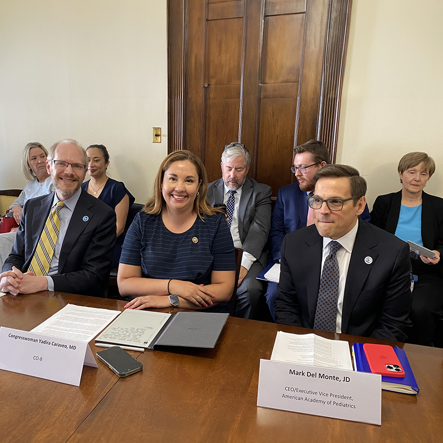 All of Us Chief Executive Officer Dr. Josh Denny, (left) Congresswoman Yadira D. Caraveo (D-CO) and Mark Del Monte, J.D. Chief Executive Officer of the American Academy of Pediatrics.