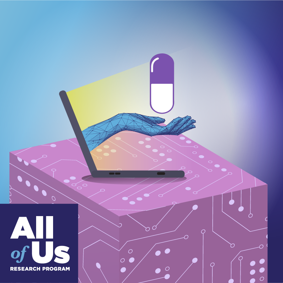 An illustration shows a laptop located over a cube made out of electronic circuits. A robotic arm emerges from the laptop’s screen, presenting a giant pill that is floating over the hand. The All of Us Research Program logo is in the lower left corner. 