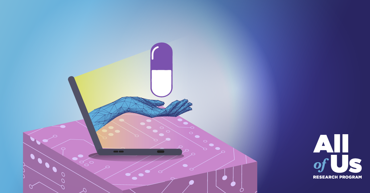 An illustration shows a laptop located over a big cube made out of electronic circuits. A robotic arm emerges from the laptop’s screen, presenting a giant pill that is floating over the hand. The All of Us Research Program logo is in the lower right corner. 