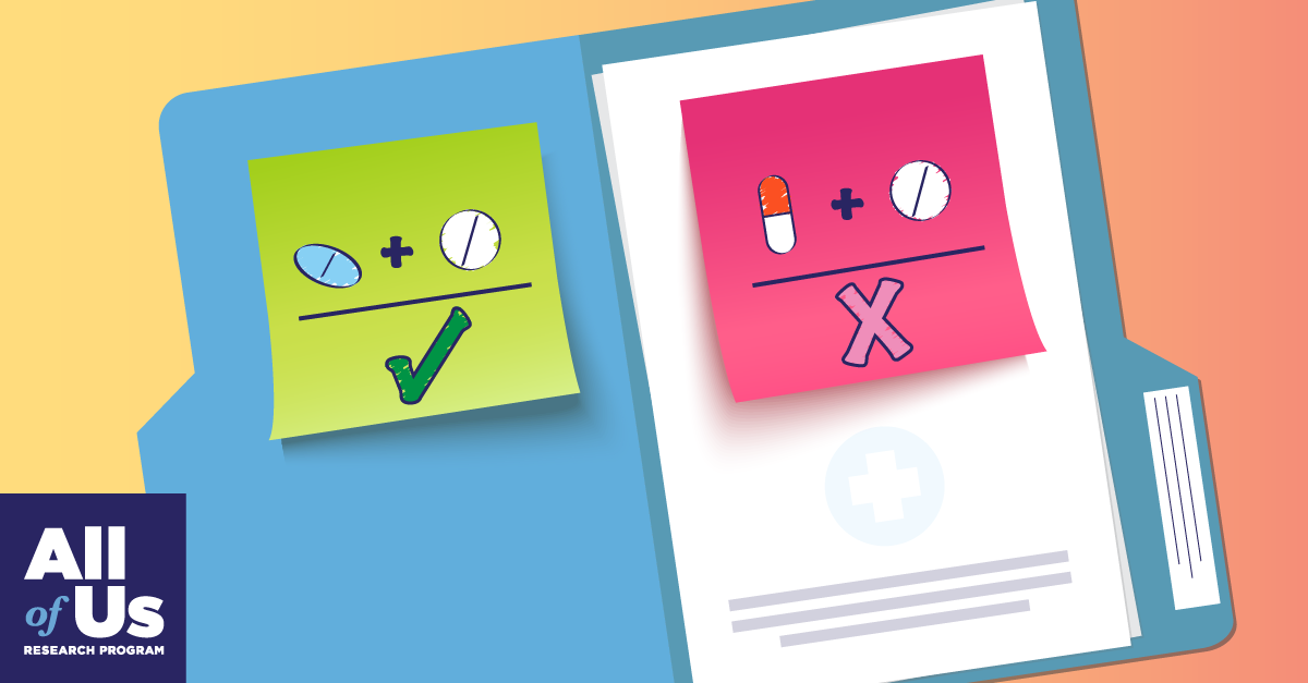 An illustration shows post-it notes of different colors, posted inside a folder of medical records. The first one, in green, represents 2 different medicines being taken together, with a green check mark under them. Another red post-it also represents 2 medicines being combined, but with an X under them. The All of Us Research Program logo is in the lower left corner. 