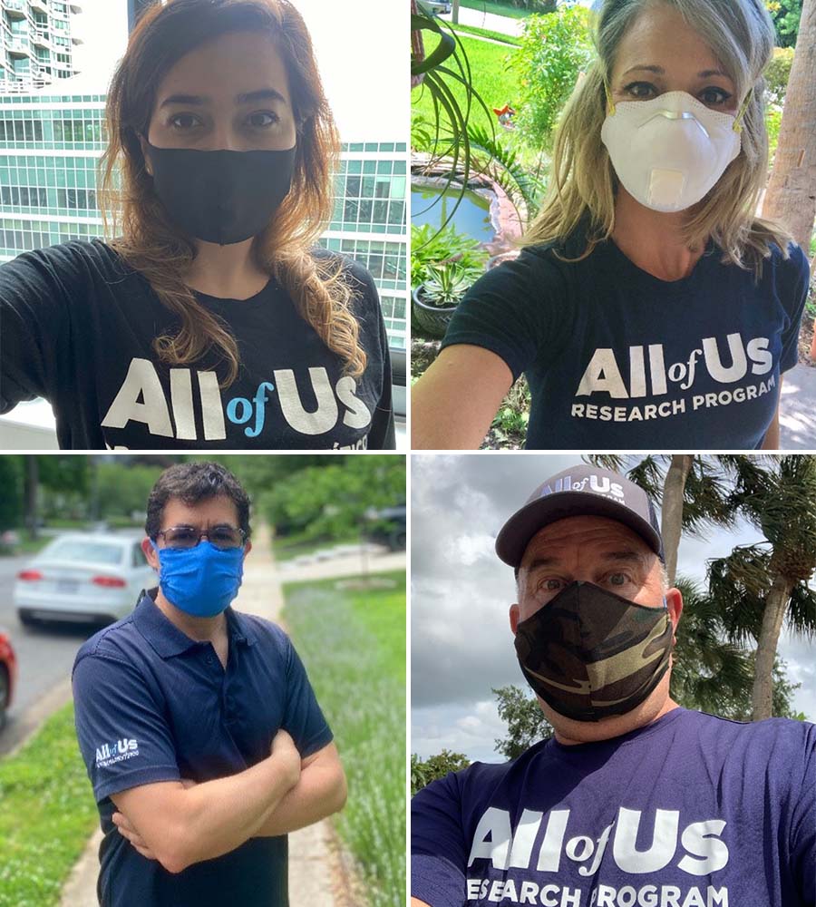 Four people wearing All of Us Research Program tee shirts and face masks.