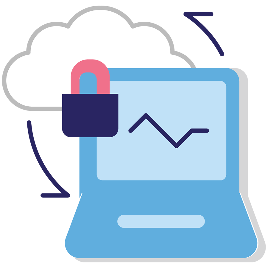 A colorized illustrated icon showing a computer, cloud and lock representing a secure data linkage. 