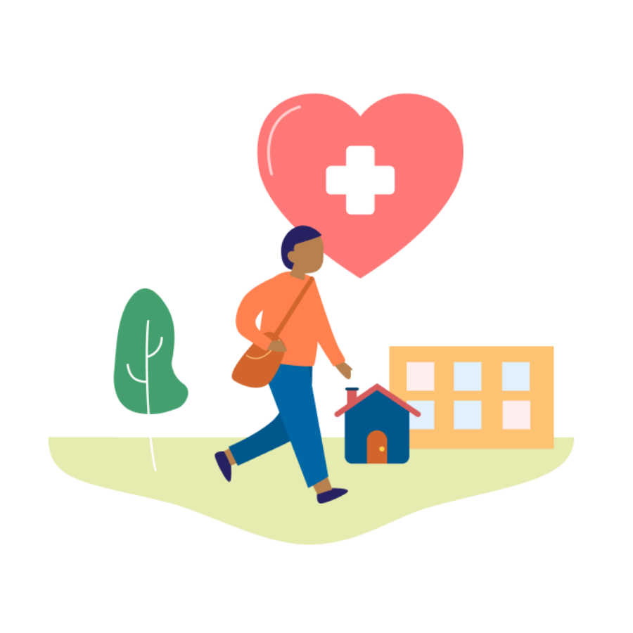 An illustration of a person carrying a bag walking outside past a house and an office building. Above their head is a heart with a medical cross.