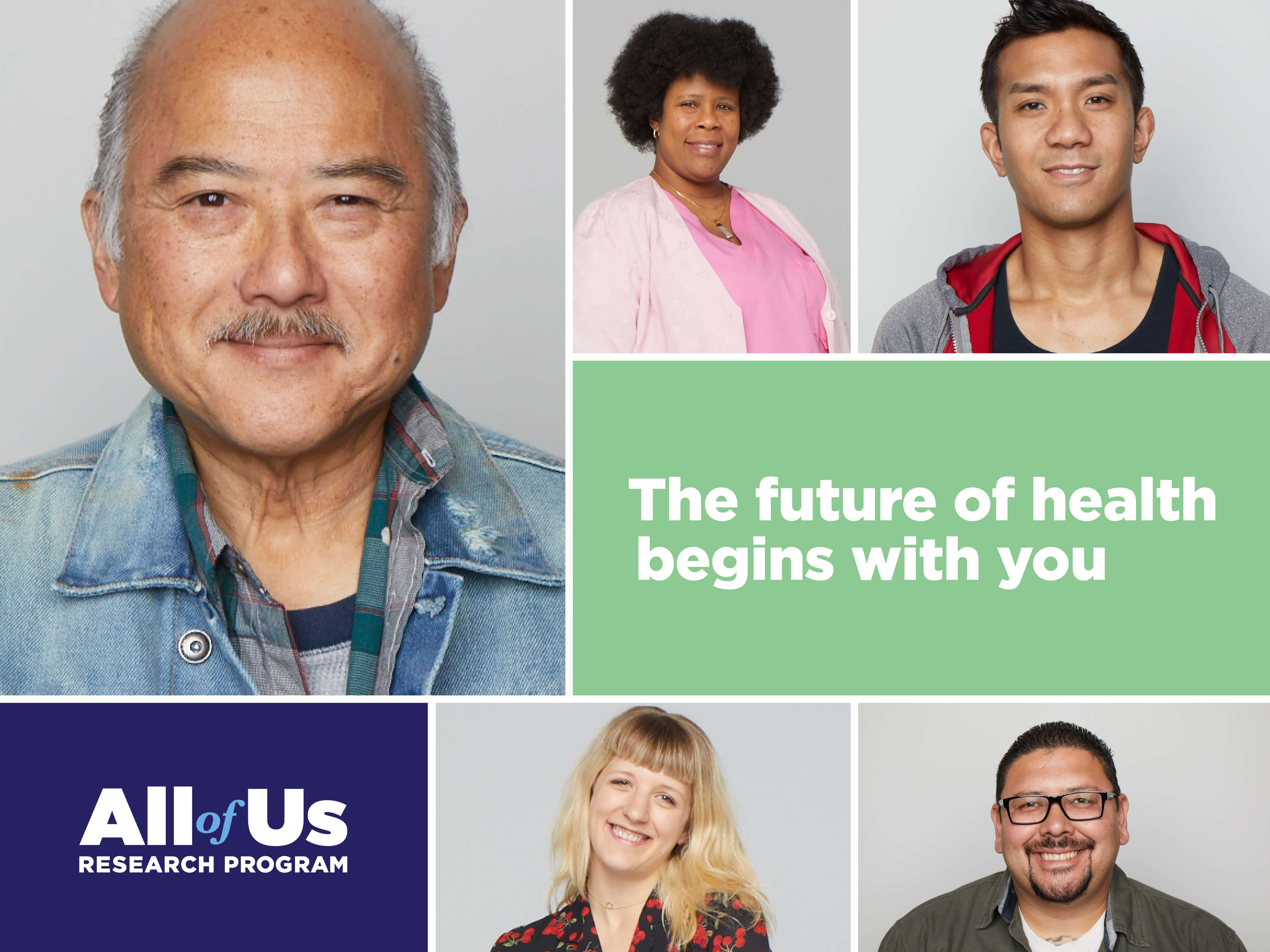 Tiled image with five images of diverse people, the All of Us logo, and the words The future of health begins with you