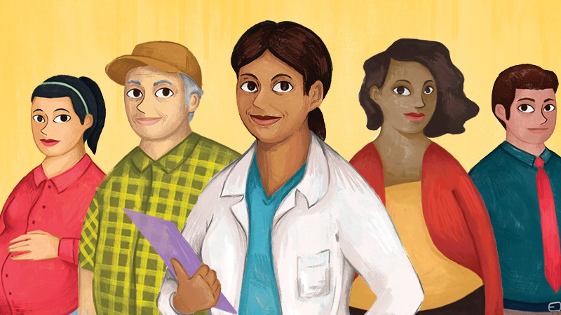 Illustration of a medical professional holding a clipboard, with a man and women on to the left and right of her.