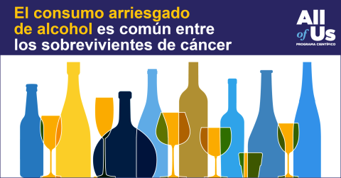 El consumo arriesgado de alcohol es común entre los sobrevivientes de cáncer. Ilustración de varias botellas de licor, flautas de champán, copas, cálices y vasos. Logotipo del Programa Científico All of Us. 
