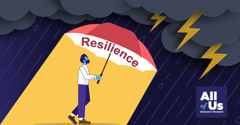 A cartoon illustration of a person walking with an umbrella in a rainstorm with lightening overhead. The umbrella is labeled “Resilience,” and under the umbrella the person walks in sunlight. Logo of the All of Us Research Program.